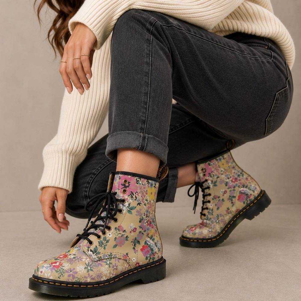 Dr. Martens 1460 Wanderlust Boots 8 Tan Multi Floral Combat Cottagecore Boho